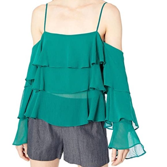 NWT BCBG Sea Green Ruffle Chiffon Bell Sleeve Top - Picture 7 of 8